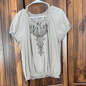 Croft & Barrow Tan Striped Blouse with Embroidery